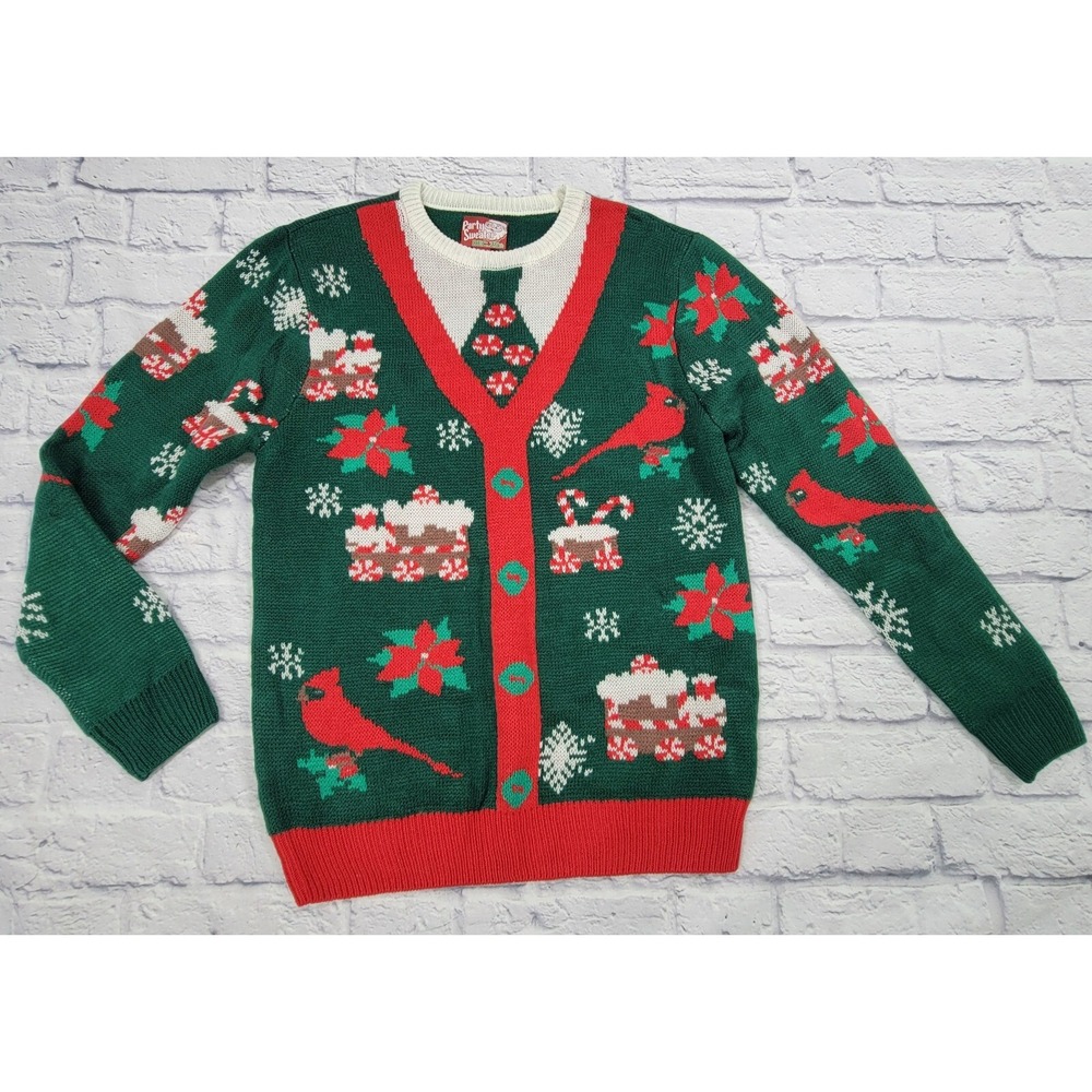Party‎ Sweater Dec 25th Medium Ugly Christmas Knit Train Birds Snowflakes Green